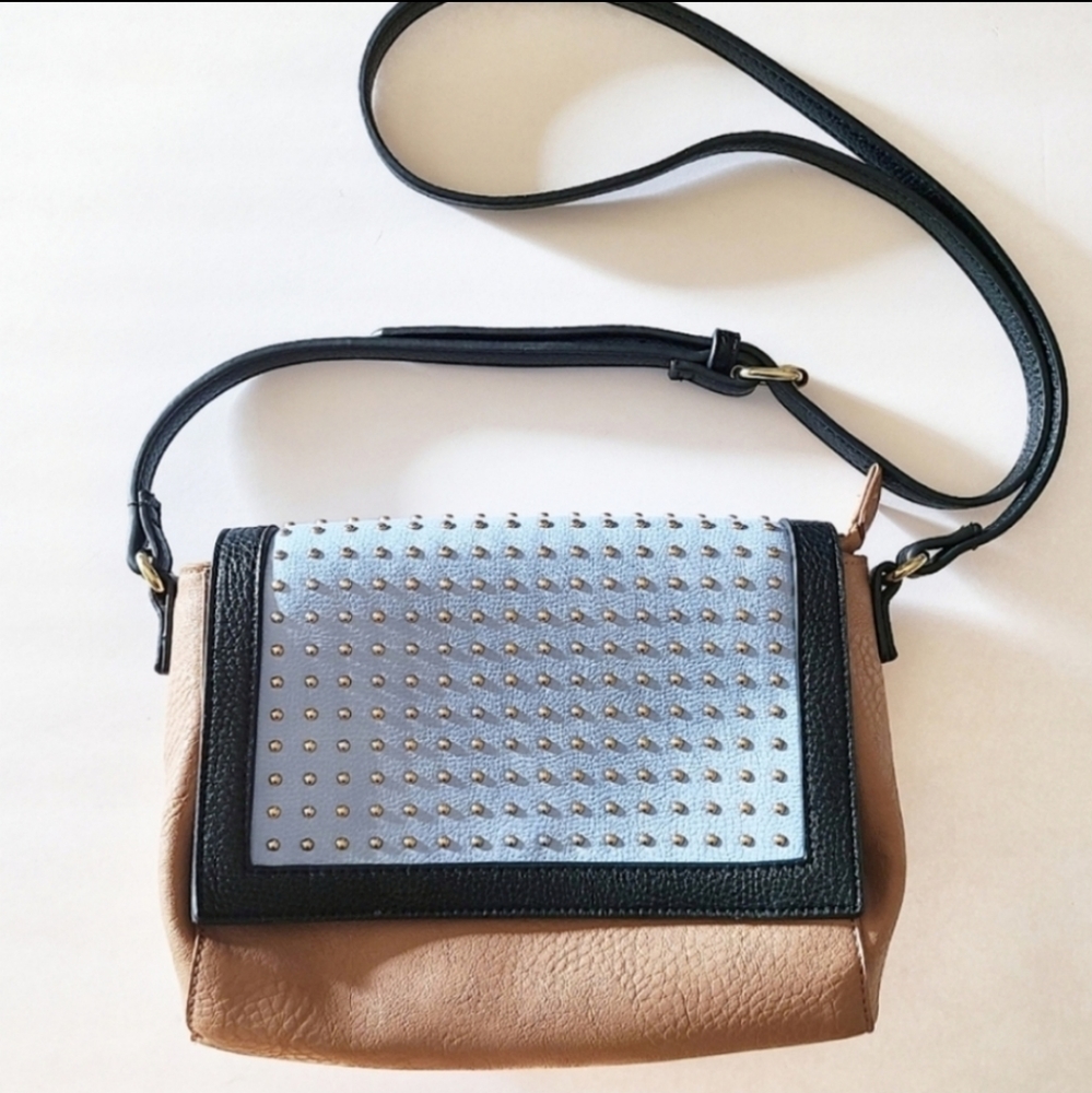 Blue and tan faux leather bag